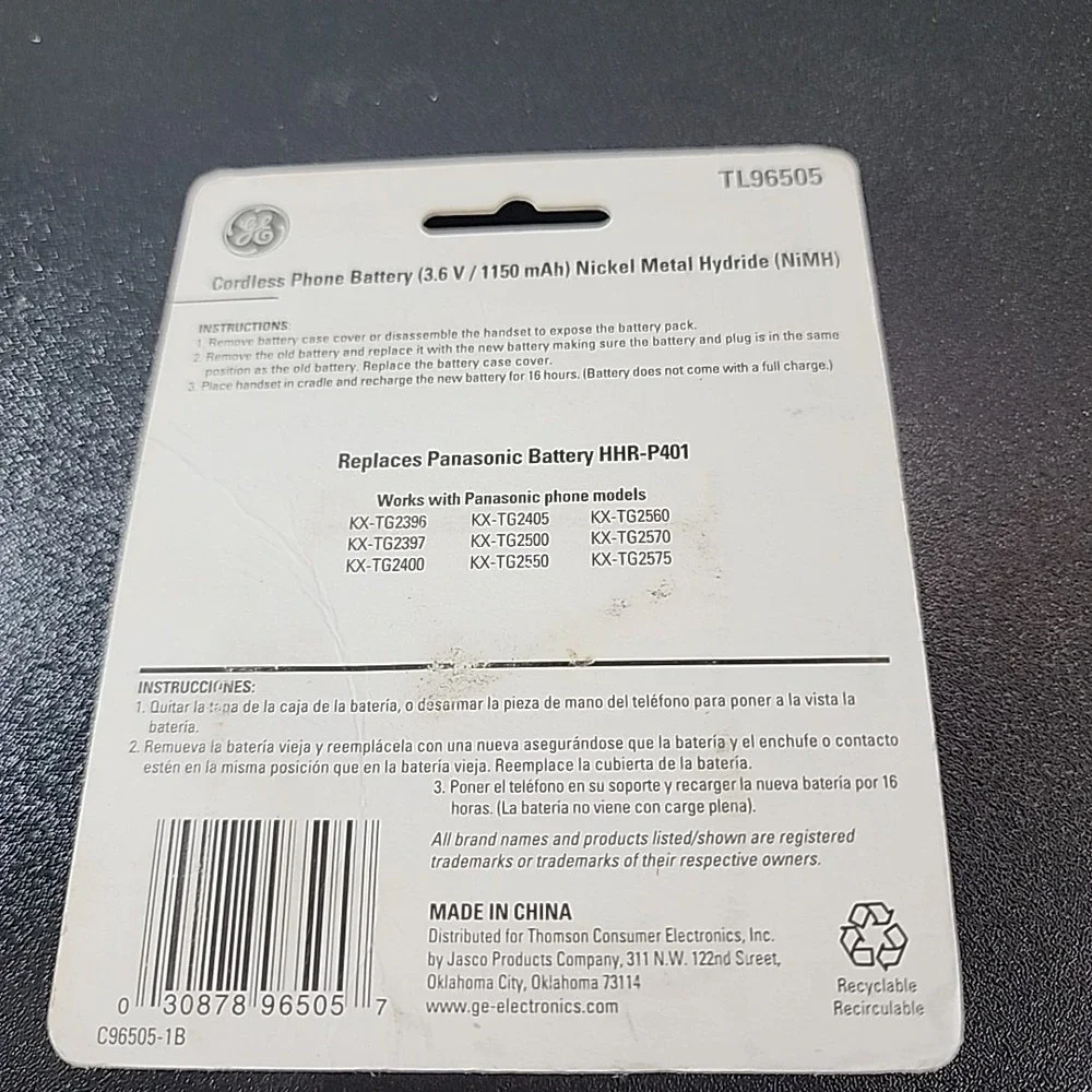 TL96505 GE Cordless Phone Battery 3.6V/1150mAh NiMH - For Panasonic 2.4Hz Phones